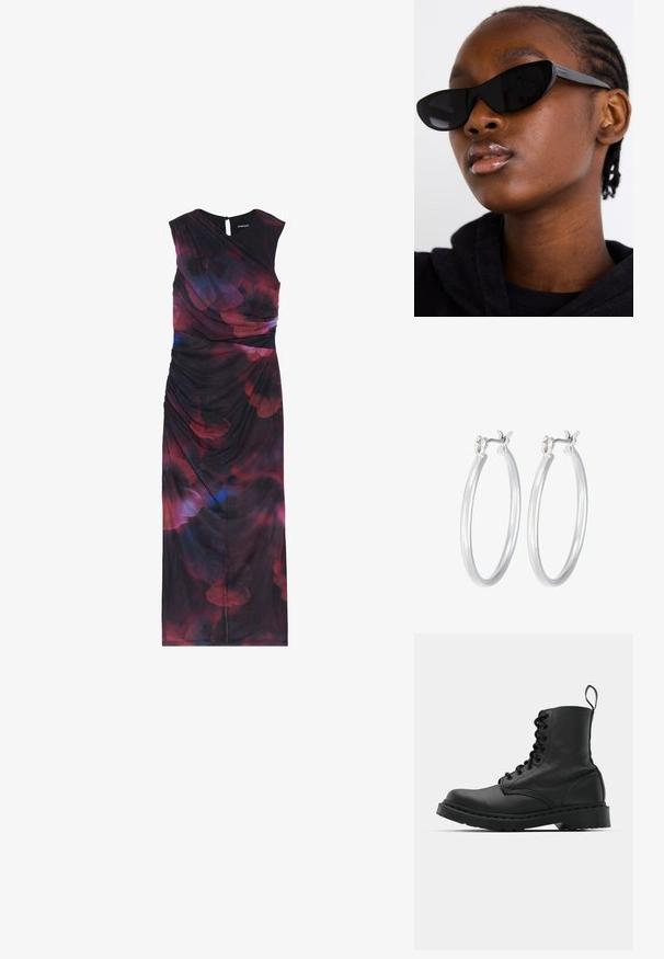 Ærmeløs, gulvlængde kjole i et mørkt stof med abstrakte røde og blå blomsterprint og rynket detaljering på siden.; Sort læder kampstøvle med rund tå, snørebånd foran og en løkke ved anklen. Har en tyk gummisål for holdbarhed.; Sorte cat-eye solbriller med mat finish, der har et strømlinet design og bløde kurver, sat mod en models mørke tøj.; Sølv hoop øreringe med en glat, poleret overflade. Rund form og sikker klik-lukning. Letvægtsdesign, der er velegnet til hverdagsbrug.