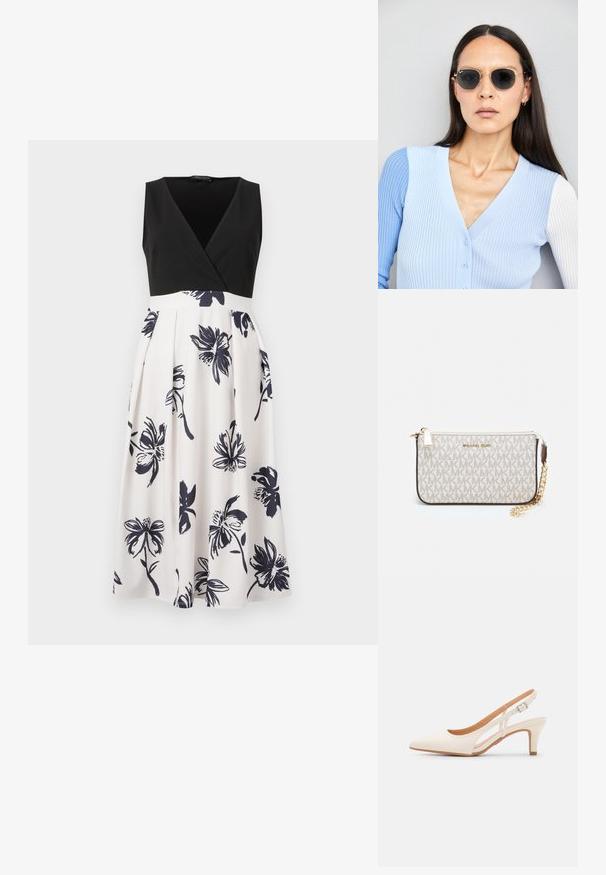 Kleita bez piedurknēm ar melnu V-veida dekoltē un balto svārku, kuram ir jūras zila ziedu raksts. Audums ir gluds, ar krokotiem akcentiem.; Baltas siksniņveida papēdis ar smailu purngalu, gludu augšējo materiālu, zemu blokpapēdi un sānu izgriezumu dizainu ar regulējamu sprādzi.; Apaļas saulesbrilles ar tumšiem objektīviem un zeltītām rāmēm. Modelis valkā gaiši zilu, ribotu kardigānu ar pogām un kontrastējošām baltām piedurknēm.; Michaela Korsa rokassomi bez̦ā īšojuma, kas izgatavota no apklāta kanvas, iekļaujot atkārtotu MK logotipa rakstu, zelta aparatūru un noņemamu ķēdes siksnu.