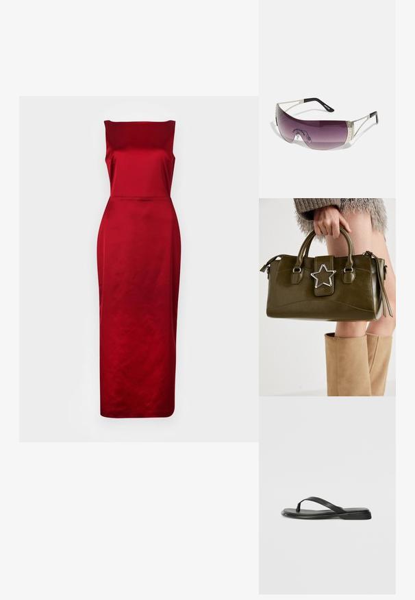 Rochie midi din satin roșu, cu un guler structurat tip barcă, corset ajustat și o textură netedă și elegantă. Se termină sub genunchi.; Sandale negre din piele netedă, cu un design cu curea subțire și o talpă plată cu un profil minimalist. Fără modele sau accente notabile.; Ochelari de soare cu o lentilă mare, curbă, de culoare mov, accente metalice argintii și brate negre cu un logo. Detalii texturate pe ramă sunt vizibile.; Geantă din piele ecologică de culoare verde măslin, cu accent din stea argintie, două mânere și închidere cu fermoar. Suprafață texturată și formă structurată.