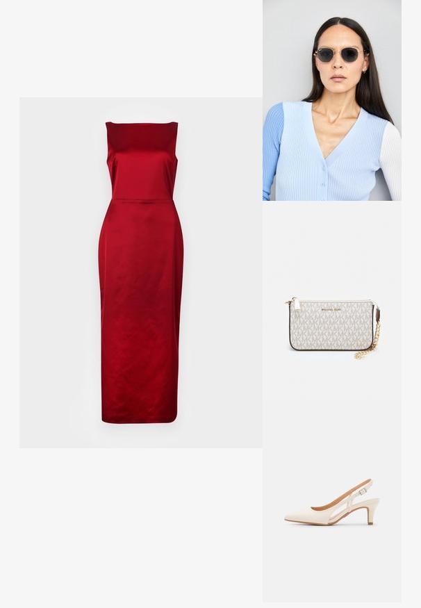 Piros szatén midi ruha strukturált csónak nyakkivágással, testhez simuló fazonnal és sima, fényes textúrával. A térd alatt ér véget.; Fehér slingback sarok, hegyes orral, sima felső anyaggal, alacsony blokk sarkával és oldalsó kivágott dizájnnal, állítható csatpánttal.; Kerek napszemüveg sötét lencsékkel és arany kerettel. A modellen világoskék, bordázott kardigán van gombokkal és kontrasztos fehér ujjaival.; Michael Kors bézs bevonatos vászon karkötő, amely ismétlődő MK logó mintával, aranyszínű fémrészletekkel és levehető lánchordóval rendelkezik.