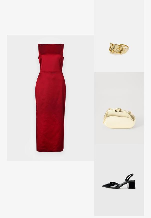 Červené saténové midi šaty so štruktúrovaným lodičkovým výstrihom, priliehajúcim telom a hladkou, lesklou textúrou. Končia pod kolenom.; Čierne lakované kožené sandálové podpätky s špicatou špičkou a geometrickým blokovým podpätkom. Disponujú elegantným, minimalistickým dizajnom a hladkým povrchom.; Kovová zlatá kabelka s hladkým, zaobleným tvarom, ktorá má horné zapínanie na gombík a malý reťazový popruh na nosenie.; Zlatý prsteň s textúrovaným, vlnitým dizajnom, ktorý má tri výrazné vrcholy. Hladký, lesklý povrch a otvorený pásik pre nastaviteľné prispôsobenie.