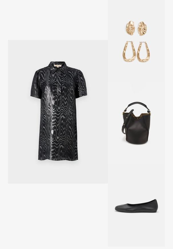 Kratki crni haljina s sjajnim, valovitim srebrnim uzorkom. Ima ovratnik i meku teksturu, s krojem do koljena.; Crne kožne baletanke s zaobljenim vrhom, glatke teksture, minimalnim detaljima šavova i fleksibilnim dizajnom potplata.; Crna kožna torba u obliku kante s teksturiranim završetkom, zlatnim metalnim detaljima i otvorenim vrhom. Ima kratku dršku i podesivu rame. ; Naušnice zlatne boje s teksturiranim, valovitim oblicima. Uključuju skulpturalne kopče i dizajn otvorene kružnice s kovanom završnom obradom.