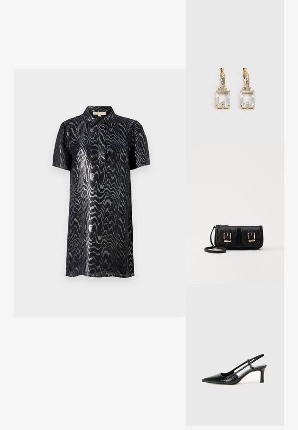 Kratka črna obleka s kratkimi rokavi, okrašena z bleščečim valovitimi srebrnimi vzorci. Ima ovratnik in mehak otip, dolžina do kolen.; Črne lakaste slingback pete s koničastim nosom, ki imajo teksturiran vzorec kačje kože, nastavljiv trak in kratek teksturiran blok peto.; Črna usnjena torbica čez ramo z dvema sprednjima žepoma, zlatimi zaponkami, zadrgo in ozkim pasom. Tekstura površine je strukturirana, obliko pa ima kompaktno pravokotno.; Zlato obarvani uhani, ki vsebujejo pravokoten, prozoren kristal, obešen pod vrsto majhnih, okroglih prozornih dodatkov. Elegantna, moderna zasnova.