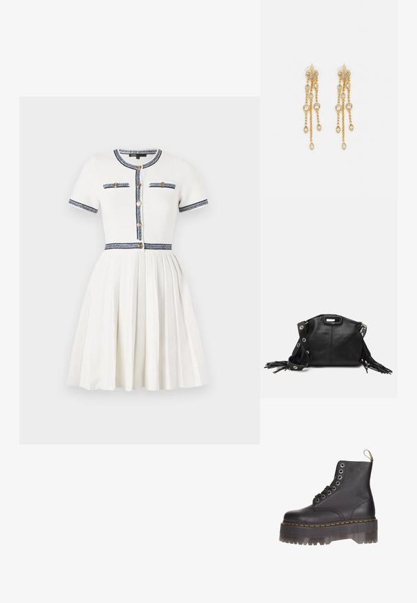 Maje RIRSALINETTE - Day dress - ecru; Black leather ankle boot with six-eyelet lacing, yellow stitching, and a transparent platform sole featuring a serrated edge.; Maje MISS MINI - Cross body bag - noir; Gold-tone earrings with multiple cascading chains, featuring clear oval rhinestone accents and decorative stud tops.