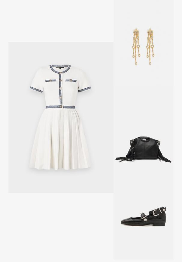 Maje RIRSALINETTE - Vestito casual - ecru; Scarpa flat in vernice nera con punta quadrata, cinturino alla caviglia con hardware in argento e suola piatta. Texture liscia con design minimalista.; Maje MISS MINI - Borsa a tracolla - noir; Orecchini dorati con molteplici catene a cascata, dotati di accenti in strass ovali trasparenti e parte superiore decorativa a perno.