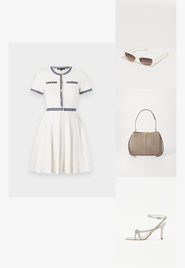 Maje RIRSALINETTE - Päevakleit - ecru; Valge kõrge kontsaga sandaal tekstuurse rihmaga, mis sisaldab sädelusi, avatud varba disain ja sääre rihm reguleeritava pandlaga.; Valged prillid, millel on ristküliku kujuline raam ja pruunid gradient objektiivid. Omab sujuvat plastikutekstuuri ja logo varre küljel.; Tommy Hilfiger CASUAL SHOULDER BAG - Käekott - coastal taupe