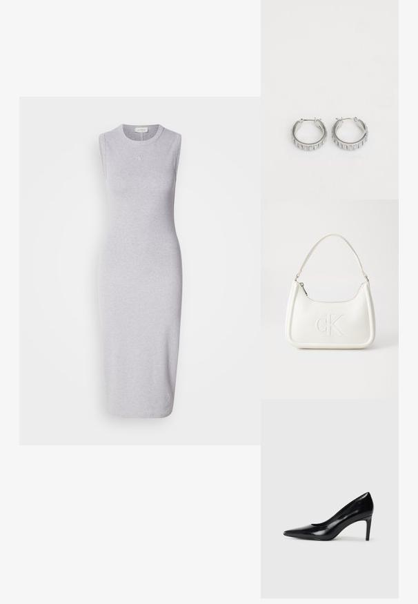 Szara, bezrękawnikowa sukienka midi wykonana z tkaniny z mieszanki bawełny. Posiada okrągły dekolt oraz subtelny detal z logo na piersi. Gładka tekstura.; Czarna skórzana szpilka z ostrym noskiem, gładką fakturą i zwężającym się obcasem. Minimalistyczny design, bez dodatkowych zdobień.; Biała skórzana torebka o zaokrąglonym kształcie, z wytłoczonym logo "CK" z przodu i pojedynczym paskiem na ramię. Zapięcie na zamek z góry.; Srebrne kolczyki w kształcie obręczy o teksturowanym wzorze z pionowymi żłobieniami. Okrągły kształt z pewnym zapięciem. Gładkie wykończenie.
