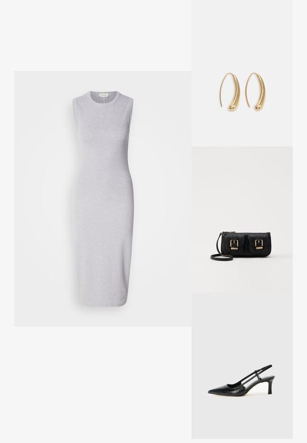 Pilkos spalvos rankovių neturinti midi suknelė, pagaminta iš medvilnės mišinio. Suapvalintu kaklu ir subtiliu logotipo akcentu krūtinėje. Lygi tekstūra.; Juodai lakuoti slingback aukštakulniai su smailiu nosiu, su tekstūruotu gyvatės raštu, reguliuojama juosta ir trumpu, tekstūruotu blokiniu kulnu.; Juodas odinis per petį nešiojamas krepšys su dviem priekiniais kišenėmis, auksiniais sagtimis, užtrauktuko uždarymu ir siauromis petnešomis. Textūruota paviršius ir kompaktiškas stačiakampis formatas.; Auksinės metalinės auskarų kabės su lenktą, pailgą forma. Turi lygų, blizgantį paviršių ir užapvalintą galiuką papildomam akcentui.