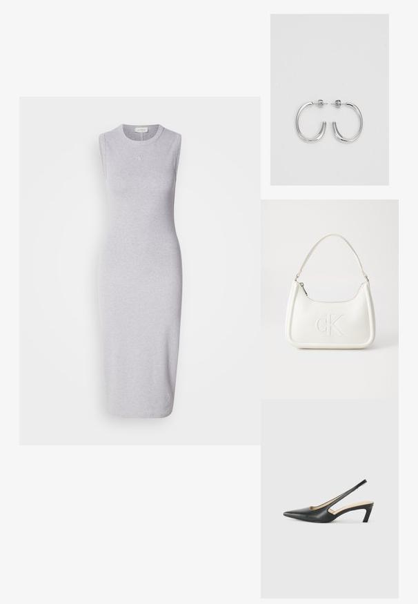 Szürke ujjatlan midi ruha pamut keverékből készült. Kerek nyakkivágással és diszkrét logóval a mellrészén. Simább textúrájú.; Fekete, hegyes orrú, slingback cipő alacsony sarkával, sima bőrből készült, oldalt kivágott deisgnal a légáteresztőképesség érdekében.; Fehér bőrtáska ívelt formájú, elöl feltűnő "CK" logóval, egyetlen vállpánttal. Cipzáras zárás a tetején.; Ezüst karika fülbevalók sima, fényes felülettel. Lekerekített forma, könnyű kialakítással, tűs zárómechanizmussal.
