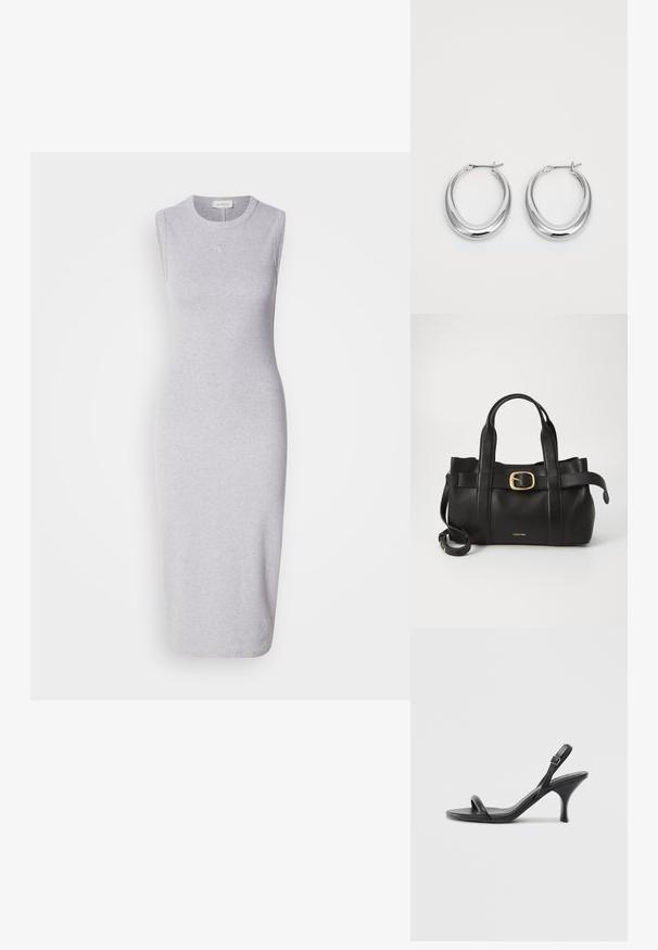 Grå, ermeløs midikjole laget av bomullsblandingsstoff. Har rund halslinning og subtil logo detaljer på brystet. Glatt tekstur.; Sorte skinnhøye hæler med en slank, buet hæl og et kryssrem-design. Justerbar ankelrem. Glatt tekstur.; Svart lærveske med en strukturert design, doble topphåndtak, gullfarget spenneakent og preget merke-logo foran.; Et par polerte sølv halvmåne hoop øredobber med hengselspenner på hvit bakgrunn.
