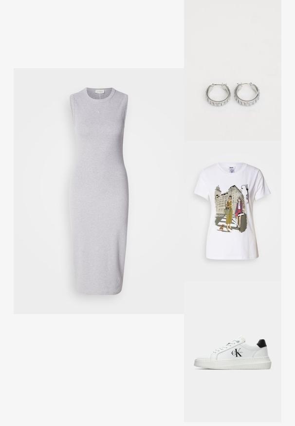 Pelēks bezpiedurkņu midi kleita, izgatavota no kokvilnas un sintētiskās šķiedras maisījuma. Iezīmē apaļu dekoltē un smalku logo detaļu uz krūšu. Gluda tekstūra.; Balta kokvilnas T-krekls ar divu sieviešu, kas ģērbtas urbanā stilā, zīmējumu, uz kura redzams suns uz gājēju pārejas un pilsētas ēkas.; Baltā zema topa sporta apavas ar melnu papēža cilni, platformas zoli, auklēm un Calvin Klein "CK" logo sānos.; Sudraba gredzena auskari ar faktūras dizainu, kas ietver vertikālas rievas. Apaļa forma ar drošu aizdari. Gluda apdare.