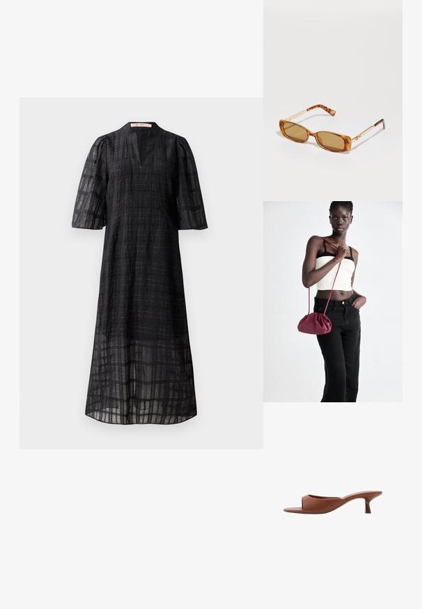 Černé šaty s texturovanou tkaninou s mřížkovaným vzorem, véčkovým výstřihem a krátkými nařasenými rukávy, sahajícími pod kolena.; Hnědé sandály na podpatku s otevřenou špičkou a hladkým, matným povrchem, které mají zakřivený design a průhledný, zúžený podpatek.; Hnědé želvovinové sluneční brýle s obdélníkovými rámem, zlatými kovovými nožkami a světlými hnědými skly. Elegantní design, žádné viditelné logo.; Burgundská měkká taška s nabíraným designem a dlouhým popruhem, nošená přes tělo. Model má na sobě bílý crop top a černé džíny.