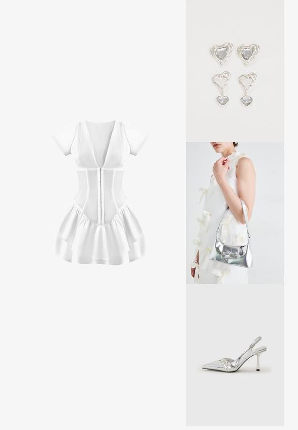 Vestido blanco con mangas cortas, escote en V profundo, cuerpo ajustado y falda de volantes en capas. Tejido texturizado con cierre de cremallera en la parte delantera.; Zapato de tacón alto plateado tipo slingback con punta afilada, acabado metálico, dos correas decorativas y un tacón delgado con punta negra.; Bolso de mano metálico plateado con forma estructurada, que presenta un asa superior y un detalle de lazo en el frente. Textura suave y acabado reflectante.; Pendientes en forma de corazón plateados que presentan piedras claras facetadas, con un marco texturizado. El conjunto incluye estilos de perno y tipo gota.