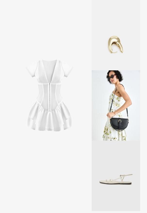 Valkoinen mekko lyhyillä hihoilla, syvällä V-kaula-aukolla, istuvalla bodysuunnittelulla ja kerroksellisella volangihameella. Teksturoitu kangas, jossa edessä vetoketjukiinnitys.; Beige litte sandaalit, joissa on useita hoikkia hihnoja ja säädettävä solki. Pohja on litteä, ja reunassa on kevyt tumma kontrasti.; Musta nahkainen käsilaukku, joka on kaareva muotoilultaan, irrotettavalla hihnalla ja kultaisilla yksityiskohdilla. Laukussa on läppä, jossa on solk yksityiskohta.; Kultahipuinen korvakoru, jossa on sulavalinjainen, kaareva muotoilu. Ominaisuuksiin kuuluu erottuva terävä muoto, kiillotettu pinta ja sarana kiinnitys.