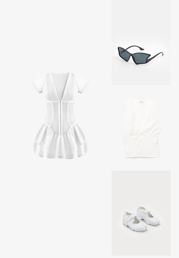 Abito bianco con maniche corte, scollatura a V profonda, corpetto aderente e gonna a strati con volant. Tessuto testurizzato con chiusura a zip frontale.; Top bianco senza maniche con scollo a V, tessuto testurizzato e vita annodata. Orlo liscio e design casual, adatto per il clima caldo.; Scarpe sportive bianche con una tomaia testurizzata, cinturino in Velcro regolabile, punta arrotondata e una suola spessa con un motivo di battistrada ben definito.; Occhiali da sole neri in plastica con forma geometrica a occhio di gatto, lenti grigie e dettagli dorati sulle astine. Texture liscia su tutto il telaio.