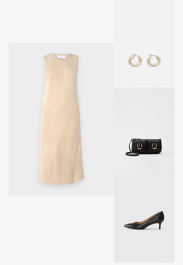 Térd hosszúságú bézs kötött ruha texturált, átlós csíkos mintával, ujjatlan kialakítással és kerek nyakkivágással. Puha, rugalmas anyag.; Fekete bőrpumpa hegyes orral, alacsony sarokkal és sima felülettel. Elöl enyhe nyílással rendelkezik, hátul pedig minimális részletezéssel.; Fekete bőr keresztbody táska két elülső zsebbel, arany csattokkal, cipzáras záródással és vékony pánttal. Textúrált felület és kompakt téglalap alak.; Lauren Ralph Lauren BASIC SMALL HOOP - Fülbevalók - gold-coloured