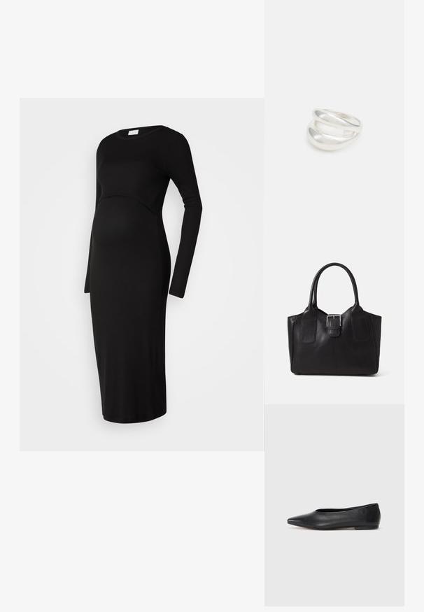 Črna rebrasta nosečniška obleka z dolgimi rokavi, okroglim izrezom in oprijetim pasom. Pada čez trebuh, konča pa se pod kolenom.; Črne usnjene balerinke, koničast toe, minimalističen dizajn, gladka tekstura, nizka peta, brez vidnih kovinskih delov ali okraskov.; Črna usnjena torba s gladko teksturo, strukturirano obliko, dvema ročkama in izrazitim srebrnim sponko na sprednji strani.; Srebrn dvojni prstan z gladko, polirano površino. Ima tekoč, ukrivljen dizajn z prekrivajočimi se sekcijami za sodoben videz.