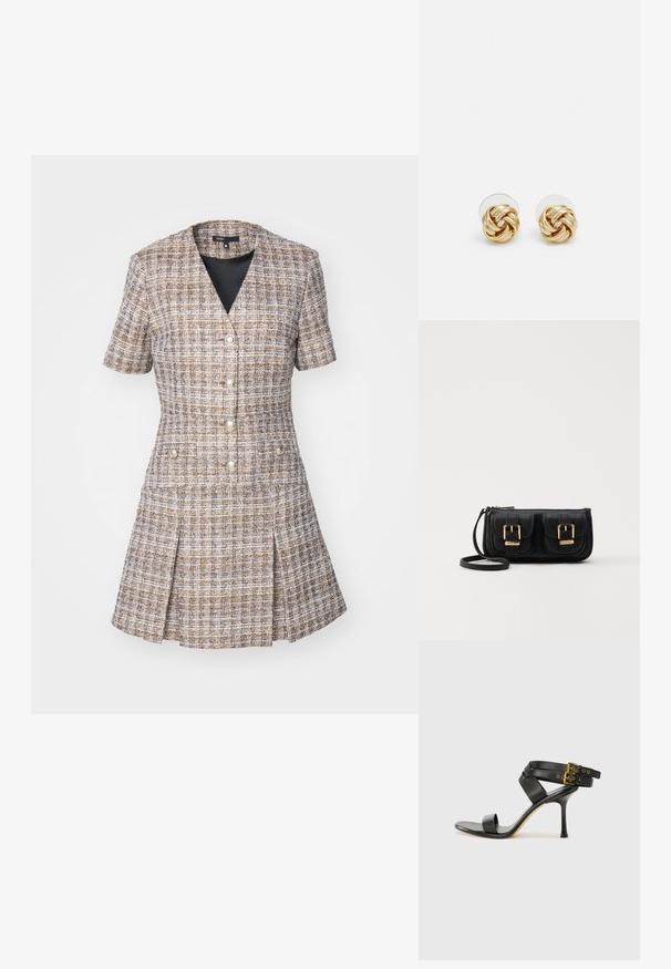 Maje Nappali ruha - marron; Fekete magassarkú szandál keresztpántos dizájnnal és állítható csattal. Simább felülettel és hegyes tűsarkúval rendelkezik.; Fekete bőr keresztbody táska két elülső zsebbel, arany csattokkal, cipzáras záródással és vékony pánttal. Textúrált felület és kompakt téglalap alak.; Arany színű csomó fülbevalók, csavart formával. Minden fülbevaló mögött egy kör alakú átlátszó támasz található a biztonságos viselés érdekében.