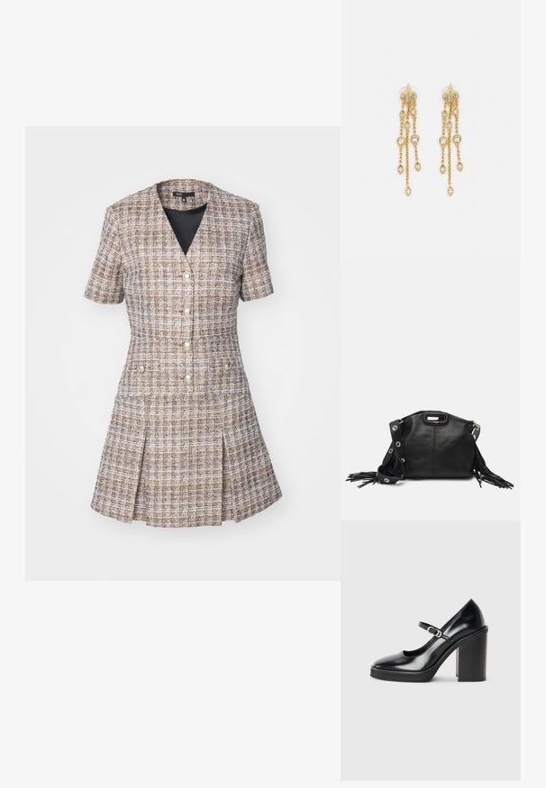 Maje Vestido informal - marron; Zapato de tacón alto de charol negro con punta redonda, tira en el tobillo, detalle de hebilla plateada y tacón cuadrado grueso.; Maje MISS MINI - Bandolera - noir; Pendientes en tono dorado con múltiples cadenas en cascada, que cuentan con acentos de strass ovalados claros y parte superior decorativa de tachuelas.