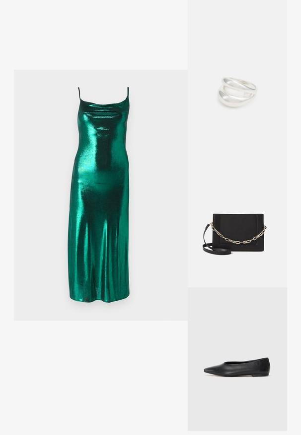 Metalna zelena satenska obleka s tankimi naramnicami in drapirano prejemo, ki ima prilegajoč silhueto, ki se razširi do pol dolžine.; Črne usnjene balerinke, koničast toe, minimalističen dizajn, gladka tekstura, nizka peta, brez vidnih kovinskih delov ali okraskov.; Črna usnjena torba čez ramo z gladko teksturo, pravokotno obliko in kovinskim verižnim detajlom spredaj. Vključena je nastavljiva naramnica.; Srebrn dvojni prstan z gladko, polirano površino. Ima tekoč, ukrivljen dizajn z prekrivajočimi se sekcijami za sodoben videz.