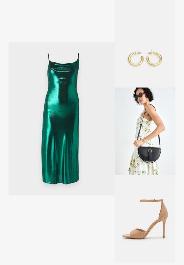 Fémes zöld selyem slip ruha vékony pántokkal és drapírozott köténynyakkal, testhez simuló sziluettje van, amely közepes hosszúságú szegéllyel végződik.; ALDO CRERIDE PILLOW WALK - Szandálok - beige; Fekete bőrtáska ívelt formával, levehető pánttal és arany színű fémrészekkel. A táskán egy csattal díszített fedél található.; Arany fülbevalók sima, fényes felülettel. Kör alakú dizájn, amely kis kapoccsal és átlátszó tartozékkal rendelkezik a biztonságos viselés érdekében.