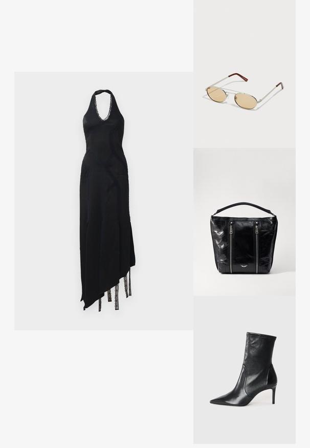 Melna halter tipus kleita ar mežģīņu akcentiem, ar asimetrisku apakšmalu un iegriezumiem, izgatavota no gludas auduma ar elegantu siluetu.; Melnas potītes zābakus, kas izgatavoti no gludas ādas, ar norādītu purngaliņu, pieguļošu kāju un šauru augstu papēdi. Minimalistisks dizains bez redzamiem aksesuāriem.; Metāla saulesbrilles ar ovālām, gaiši brūnām tonētām lēcām. Šaurs sudraba rāmis ar teksturētām akcentiem un sarkanbrūniem padziļinājumiem uz kājiņām.; Melnas patentētas ādas rokassoma ar diviem priekšējiem rāvējslēdzējiem, strukturētu formu un īsu rokturi. Apakšā atrodas neliela sudraba logo.