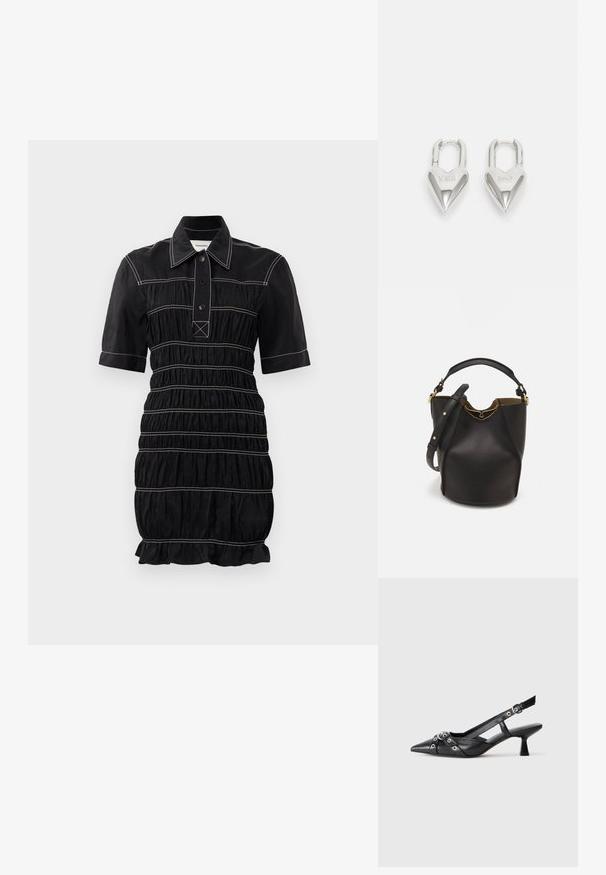 Melna kleita ar īsām piedurknēm, pogātām apkaklēm un sakrautu tekstūru. Iezīmē kontrastējošas baltas šuves un viļņotu apakšmalu.; Melnas ādas šlipsveida kurpes ar norādītu purngalu, dekoratīvām joslām ar metāla acīm un zemu bloku papēdi. Teksturēta virsma.; Melnas ādas spainīša somas ar teksturētu apdari, zelta metāla aksesuāriem un atvērtu augšu. Piedāvā īsu rokturi un regulējamu plecu siksnu.; Sudraba sirdī formas piekariņi ar iegravētiem "JĀ" un "NĒ" tekstiem, pulēta apdare, simetrisks dizains un izturīgs metāla aizdare.