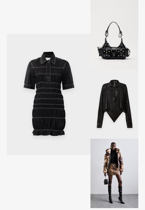 Must mustriga kleit lühikeste varrukatega, nööpidega kaeluses ja volangi tekstuuriga. Omab kontrastset valget õmblust ja volangiga äärt.; Must tooni bodysuit pikad varrukad, V-keres ja stuudiud joontega. Valmistatud läikivast, siledast kangast, millel on konstruktsiooniga krae ja mansetid.; Põuejope pruuni ja musta mustriga, kokku sobitatud pruuni madu nahast mini-seelikuga, mustade reie kõrguste saapadega ja väikese musta kotiga.; Must värvi nahast käekott, millel on kaarjas disain, hõbedased nupukesed, kinnitusahe ja kaks külgtaskut. Reguleeritav rihm erinevate kandmisvõimaluste jaoks.