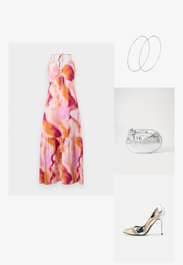 Maxi suknelė su platėjančiu apvadu, puošta abstrakčiu raštu rožine, oranžine ir purpurine spalvomis. Pagaminta iš lengvos medžiagos, su reguliuojamomis spiralinėmis petnešomis.; Aštrus pirštas aukštakulnis batelis su sidabro, aukso ir nuogų spalvų deriniu. Blizgus paviršius su išpjovos dizainu, su stiletto kulnu.; Sidabrinė metalinė maišelio forma su švelnia, apvalia forma ir mazgu užveriamu viršumi. Pagaminta iš lygios dirbtinės odos medžiagos.; Sidabrinės pusmėnulio auskarai minimalistiniu dizainu. Apskritimo forma, lygus paviršius ir plonas profilis. Lengvi su poliruotu apdailu.