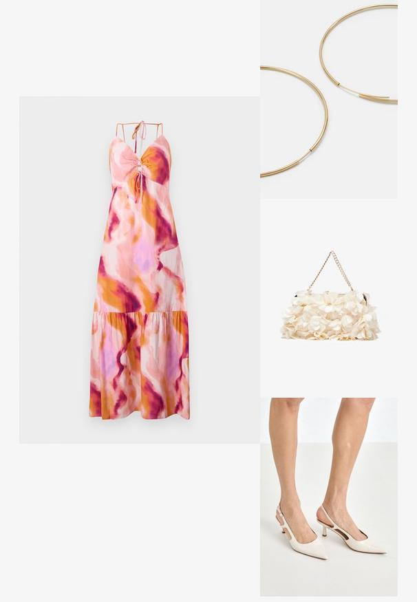 Maxi suknelė su platėjančiu apvadu, puošta abstrakčiu raštu rožine, oranžine ir purpurine spalvomis. Pagaminta iš lengvos medžiagos, su reguliuojamomis spiralinėmis petnešomis.; Šviesiai pilkos, lakuotos odos slingback aukštakulniai su smailiu noseliu ir 5 cm kulnu, su išpjovomis šonuose ir plona kulkšnies juostele.; Balta gėlių rankinė su susiraukšlėjusia audinio paviršiumi, auksinės spalvos grandinėlės dirželiu ir metaliniu uždarymu. Papuošta tekstūruotomis žiedlapėmis, pridėjančiomis detalių.; Aukso spalvos žiedo auskarai, ploni ir apvalūs, su lygiu metaliniu paviršiumi be papuošimų ar raštų.