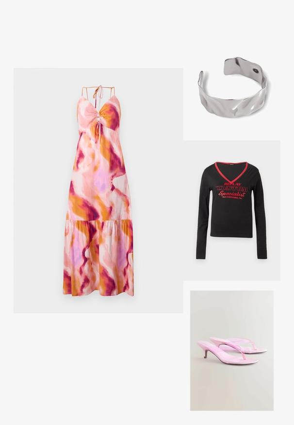 Maxime dress with flared hem, featuring an abstract pattern in pink, orange, and purple. Made of lightweight fabric with adjustable spaghetti straps.; Musta pitkähiha shirt, jossa on V-kaula-aukko, punainen kaula-aukko-reunus ja rohkea punainen painatus, jossa lukee "REPLAY CUSTOM Specialist Allentown, PA."; Vaaleanpunaiset korot sandaalit, joissa on kiiltävä pinta, thong-nauha muotoilu ja kapea metallinen korko. Sujuva tekstuuri ja minimalistinen tyyli.; Hopeaketju hopeasta, jossa on aaltoileva, tekstuurinen muotoilu ja avoimet päät. Suuri, kiiltävä pinta korostaa ainutlaatuisia muotoja.
