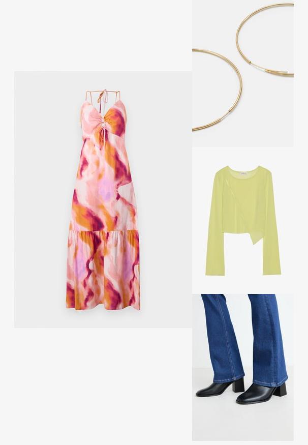 Maxi suknelė su platėjančiu apvadu, puošta abstrakčiu raštu rožine, oranžine ir purpurine spalvomis. Pagaminta iš lengvos medžiagos, su reguliuojamomis spiralinėmis petnešomis.; Šviesiai žalia ilgomis rankovėmis trumpa palaidinė su apvaliu iškirpimu ir asimetrišku hemu. Lengvas, raukšlėtas paviršiumas su dekoratyviniais siūlių akcentais.; Juodos odinės kulkšninių botai su kvadratuoju pirštu ir blokuota pakulne, derinami su mėlynomis džinsinėmis plėšytomis kelnėmis, kurių galai siuvinėti kontrastinga siūle.; Aukso spalvos žiedo auskarai, ploni ir apvalūs, su lygiu metaliniu paviršiumi be papuošimų ar raštų.