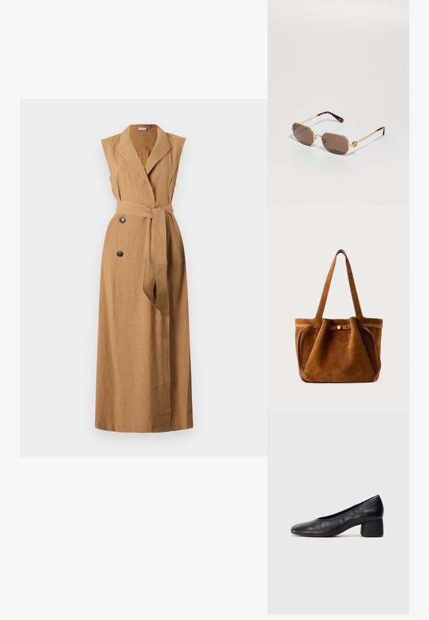 Marella DADA - Kreklkleita - daino; Melna ādas kurpe ar noapaļotu purngalu un vidēja izmēra blokkāju. Gluda tekstūra ar minimāliem dekoriem, ar delikātu elastīgu atveri.; Tory Burch Saulesbrilles - shiny gold-coloured; Brūns zamšs tote soma ar divām roktēm, pogu aizdari un brīvu, nedaudz izplūdušu formu.