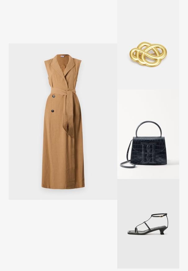 Marella DADA - Rochie tip cămașă - daino; Sandelă din piele neagră cu vârf pătrat, curele subțiri, curea ajustabilă la gleznă și toc mic. Prezintă un mic accent auriu pe curea.; Geantă din piele cu model de crocodil negru, cu un design structurat, mână superioară, curea ajustabilă și un detaliu proeminent cu logo pe față.; Broșă de culoare aurie cu un design împletit, având linii netede și curbe și o formă complexă, ce reflectă un finisaj lucios.