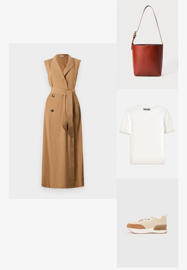 Marella DADA - Abito a camicia - daino; Top corto a maniche corte di colore bianco, in maglia, con scollatura rotonda. Presenta una texture liscia e accenti a coste sottili sulle maniche e sull'orlo.; Sneaker con tomaia in tessuto beige e dettagli in suede sabbia, una suola intermedia bianca e una suola in gomma con particolare di branding.; Borsa a secchiello in pelle marrone con tracolla regolabile e fibbia dorata, semplice dettaglio di cucitura verticale sul davanti.