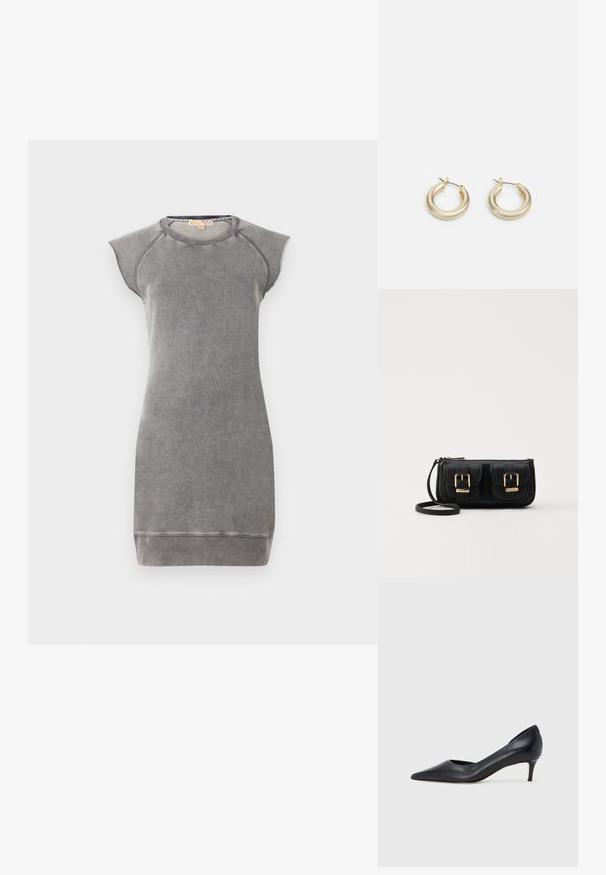 MICHAEL Michael Kors Vestito casual - concrete; Décolleté in pelle nera con punta affusolata e tacco basso. Presenta una texture liscia e una lucentezza sottile. Taglio aperto sulla parte anteriore per un dettaglio aggiuntivo.; Borsa a tracolla nera in pelle con due tasche frontali, fibbie dorate, chiusura con zip e una tracolla sottile. Superficie texturizzata e forma rettangolare compatta.; Lauren Ralph Lauren BASIC SMALL HOOP - Orecchini - gold-coloured