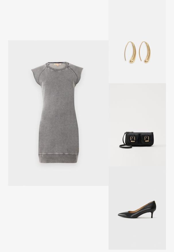 MICHAEL Michael Kors Rochie de zi - concrete; Pantofii din piele neagră au vârful ascuțit, toc mic și o textură netedă. Au o deschidere ușoară în față și un hardware minim în spate.; Geantă neagră din piele, tip crossbody, cu două buzunare frontale, catarame aurii, închidere cu fermoar și o curea subțire. Suprafață texturată și formă rectangulară compactă.; Cercei din metal auriu, cu un design curbat și alungit. Au o suprafață netedă și strălucitoare, cu un vârf rotunjit pentru un detaliu suplimentar.