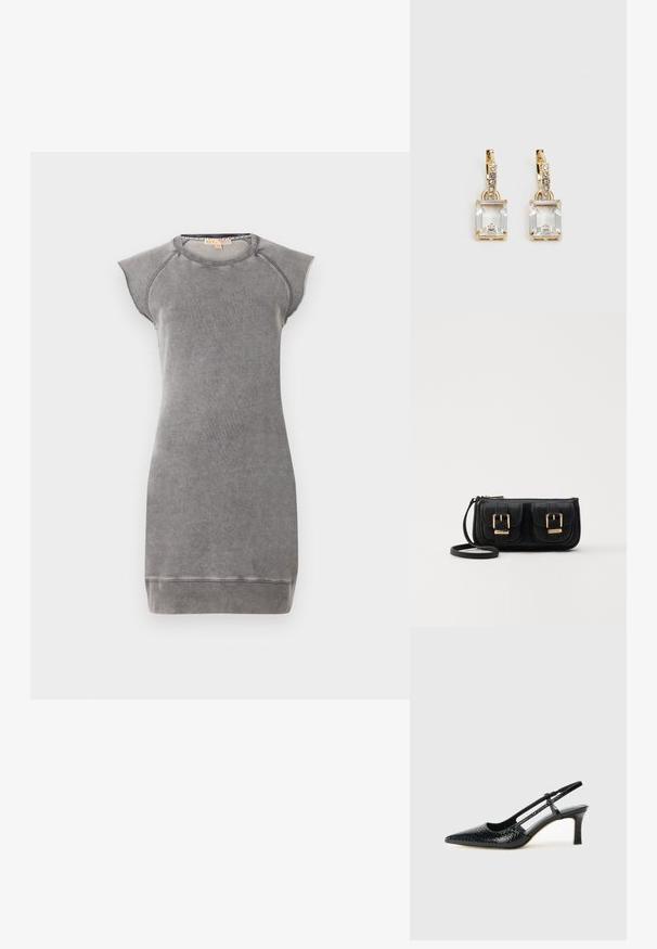 MICHAEL Michael Kors Kjole - concrete; Sorte patent slingback hæl med spids tå, featuring tekstureret slangeskind, justerbar rem og en kort, tekstureret blokhæl.; Svart skinn crossbody veske med to frontlommer, gyldne spenner, glidelåslukking og en slank stropp. Teksturert overflate og kompakt rektangulær form.; Gullfargede øreringer med en rektangulær, klar krystall som henger under en rad av små, runde klare akenter. Elegante, moderne design.