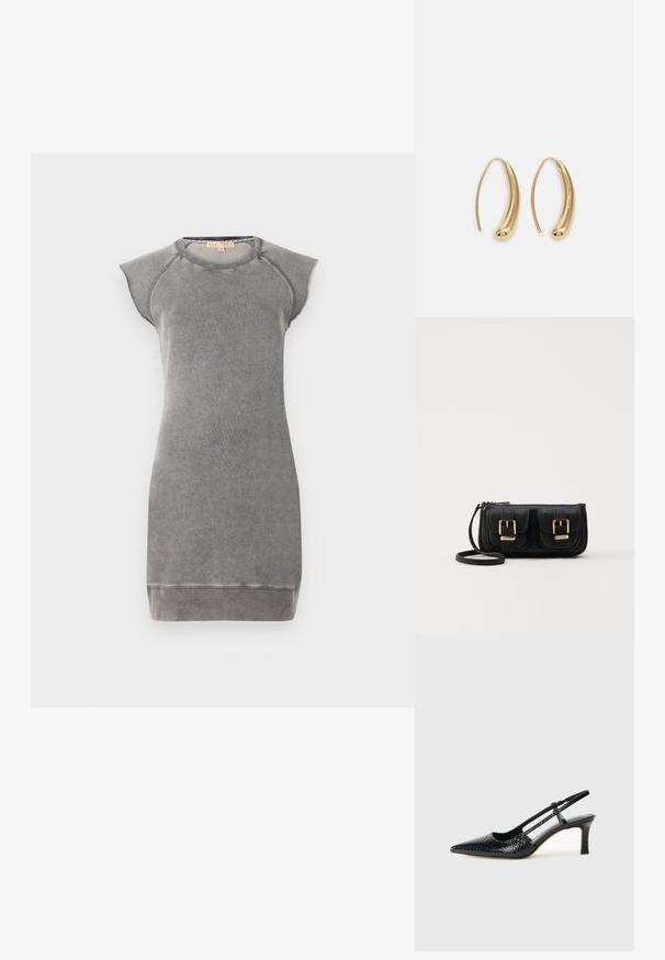 MICHAEL Michael Kors Robe de jour - concrete; Escarpin slingback en vernis noir avec un bout pointu, présentant un imprimé serpent texturé, une sangle réglable et un petit talon bloc texturé.; Sac en cuir noir porté en travers avec deux poches avant, boucles dorées, fermeture zippée et une sangle fine. Surface texturée et forme rectangulaire compacte.; Boucles d'oreilles en métal doré en forme d'anneau, avec une forme courbée et allongée. Elles présentent une surface lisse et brillante avec une pointe arrondie pour un détail supplémentaire.