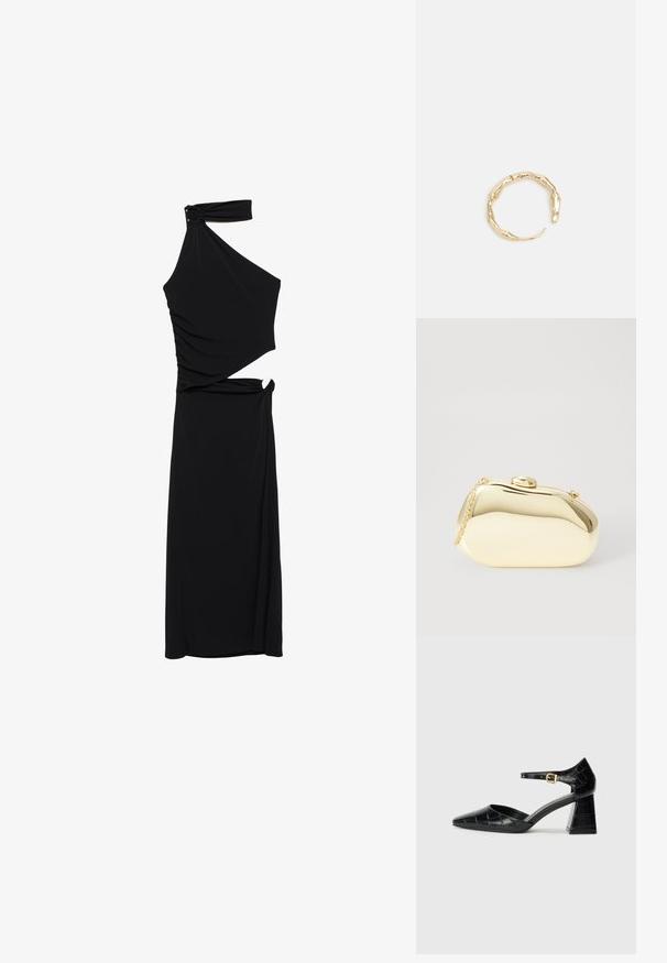 Abito nero a spalla unica realizzato in tessuto morbido. Presenta un design drappeggiato e un taglio asimmetrico in vita, stretto con dettagli laterali.; Scarpa nera in vernice con tacco alto, punta affusolata, cinturino alla caviglia e motivo testurizzato a coccodrillo. Design con tacco quadrato.; Clutch metallico oro con una forma liscia e arrotondata, dotato di una chiusura a pulsante superiore e una piccola tracolla per il trasporto.; Anello in tono oro con un design organico e Twisted, caratterizzato da una superficie liscia e punte affusolate, che crea un aspetto moderno e scultoreo.