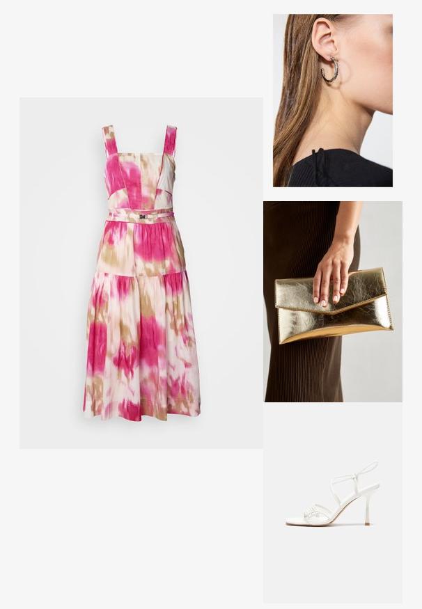 Ärmeles klänning i midi-längd med rosa, krämfärgad och brun tie-dye-mönster. Har en åtsittande midja, utsvängd kjol och subtil textur.; Vit remsandaler med hög klack, platt tårbas, strukturerad framdel med rynkade detaljer och en smal vristrem.; Gyllene metallisk kuvertväska med en slät yta, försedd med en triangulär flikstängning. Den hand som håller den har välvårdade naglar.; Silverörhänge med polerad yta, med små detaljer i guld och rund form, bärs på loben.