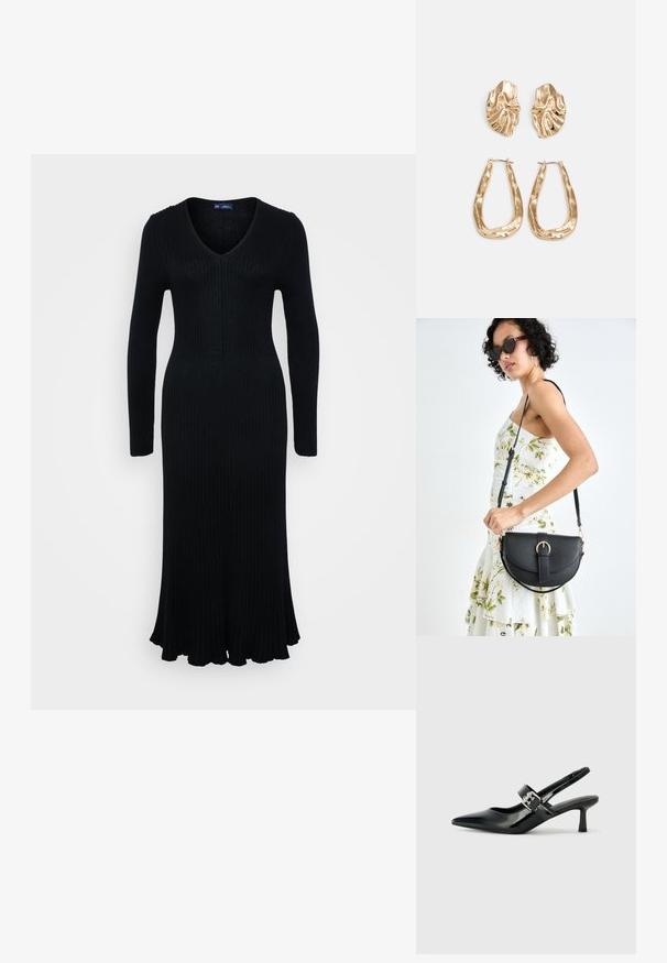Černé, ribované šaty s dlouhým rukávem, hlubokým výstřihem do V a rozšířeným lemem. Tkanina vypadá texturovaně a nabízí přiléhavý střih, který sahá až ke kotníkům.; Černé lakované boty na podpatku typu slingback s špičatou špičkou a malým blokovým podpatkem, které mají na pásku stříbrný přezkový akcent.; Černá kožená kabelka s křivkovým tvarem, odnímatelným popruhem a zlatými detaily. Kabelka má klopu s přezkou.; Náušnice ve zlatém tónu s texturovanými, vlnitými tvary. Obsahují sochařské klipy a design otevřeného kruhu s kladivkovým povrchem.