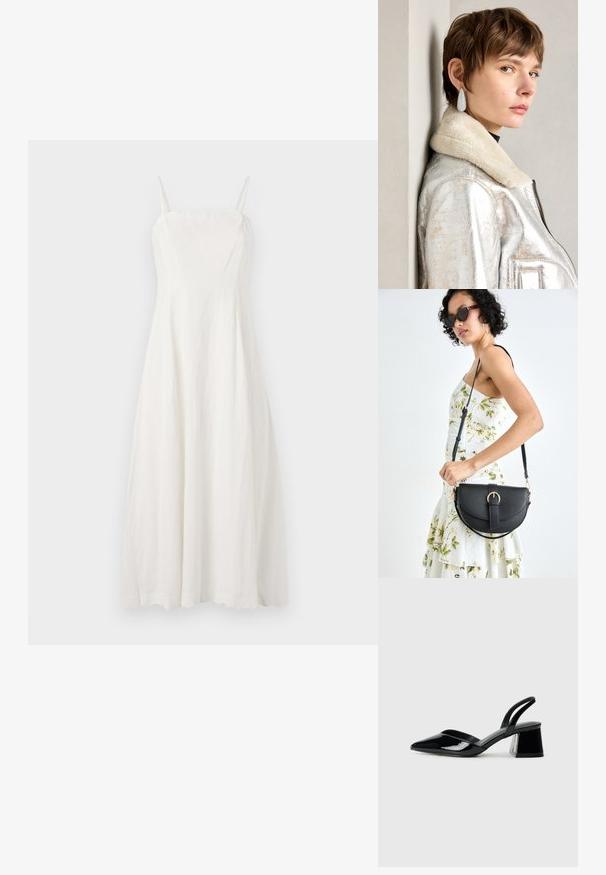 White linen dress with thin adjustable straps, fitted bodice, and a flowing A-line silhouette. Smooth texture with minimal design features.; Black patent leather slingback heels with a pointed toe and a geometric block heel. Features a sleek, minimal design and smooth texture.; Black leather handbag with a curved shape, detachable strap, and gold hardware. The bag features a flap with a buckle detail.; Silver metallic leather jacket with shearling collar, featuring a zip closure and textured surface. Large teardrop earrings with clear gemstones.