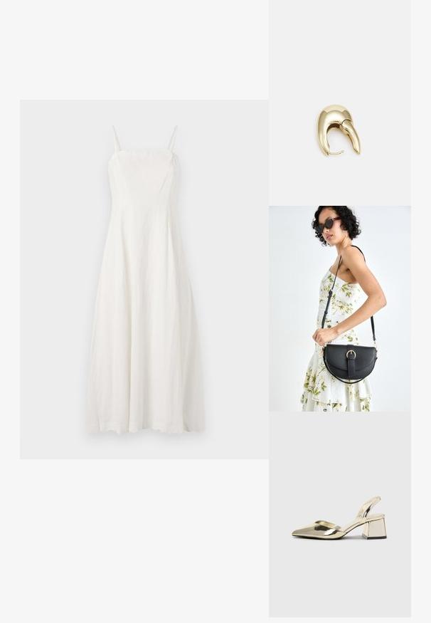 White linen dress with thin adjustable straps, fitted bodice, and a flowing A-line silhouette. Smooth texture with minimal design features.; Gold, metallic slingback heels with a pointed toe and chunky heel. Smooth texture, minimalistic design, and a narrow strap.; Black leather handbag with a curved shape, detachable strap, and gold hardware. The bag features a flap with a buckle detail.; Gold-tone metal earring with a sleek, curved design. Features a distinctive pointed shape, polished surface, and hinge closure.
