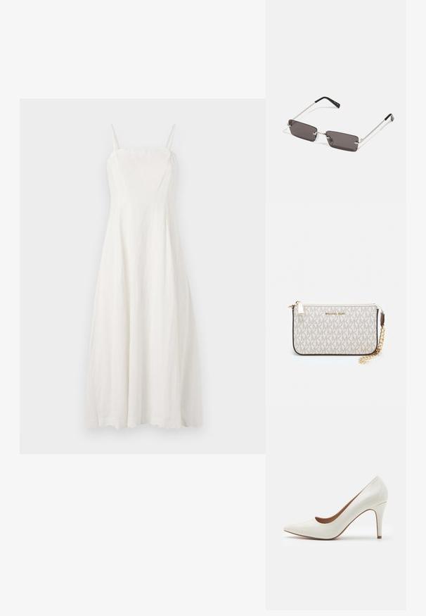 Valge linane kleit, millel on õhukesed reguleeritavad rihmad, voogav pintsak ja A-lõike siluett. Sile tekstuur ja minimaalsed disainielemendid.; Valge patendi nahk kõrge kontsaga king, millel on terav nina ja sile pind, peenike konts ning madal lõige ava ümber.; Kübarid, millel on ristkülikukujulised, tumedhalli värvi läätsed, hõbedased metallraamid ja mustad plastotsad käeotsades. Kerge disain koos nina padjadega.; Michael Korsi randmevõru beige kaetud kangast, millel on korduv MK logo muster, kuldne riistvara ja eemaldatav ahelistrap.