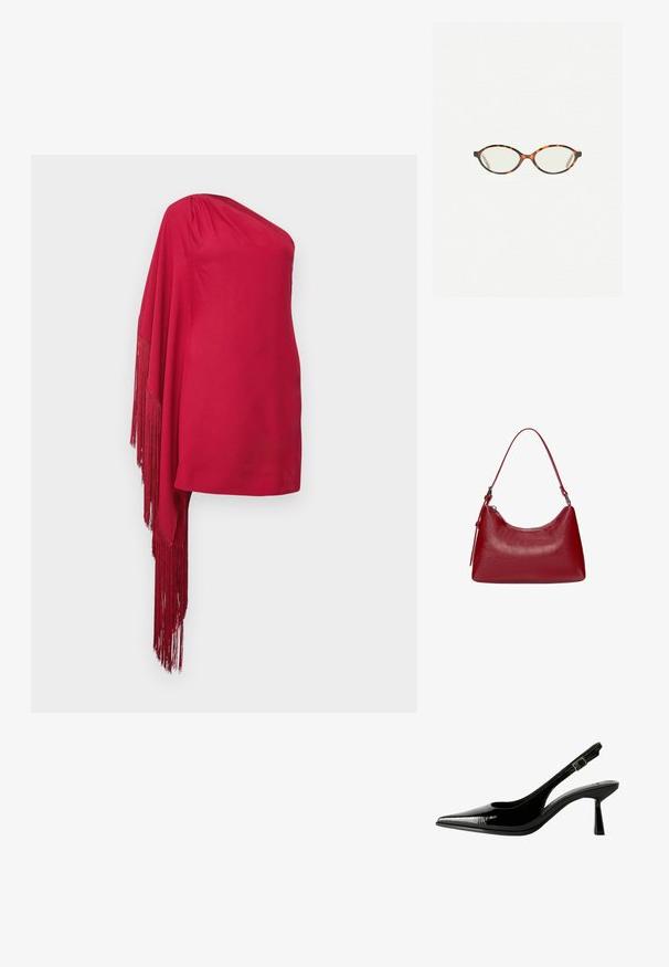 Czerwony top na jedno ramię z gładkiego materiału, z kaskadowym frędzlami po jednej stronie oraz dopasowanym krojem.; Czarne lakierowane pantofle na obcasie typu slingback z ostrym noskiem, wyciętymi bokami, regulowanym paskiem na kostce i cienkim, smukłym obcasem.; Okulary w kolorze tortoiseshell z owalnymi soczewkami i gładkim, eleganckim wykończeniem. Posiadają cienkie boki z delikatnym łukiem w okolicy skroni. Przezroczyste soczewki.; Czerwona skórzana torebka na ramię o zakrzywionym kształcie, gładkiej fakturze i zamek błyskawiczny. Posiada cienką rączkę do noszenia.