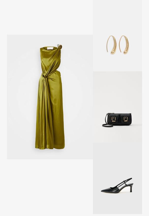 Robe de soirée en satin vert olive, avec un design drapé, une épaule dénudée, un détail torsadé à la taille et une jupe fluide.; Escarpin slingback en vernis noir avec un bout pointu, présentant un imprimé serpent texturé, une sangle réglable et un petit talon bloc texturé.; Sac en cuir noir porté en travers avec deux poches avant, boucles dorées, fermeture zippée et une sangle fine. Surface texturée et forme rectangulaire compacte.; Boucles d'oreilles en métal doré en forme d'anneau, avec une forme courbée et allongée. Elles présentent une surface lisse et brillante avec une pointe arrondie pour un détail supplémentaire.