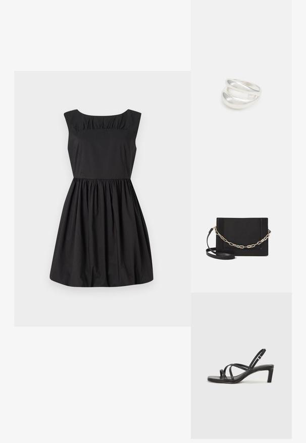 Črna brezrokavna obleka s krožnim izrezom, nabranimi podrobnostmi v zgornjem delu in razširjenim krilom. Narejena iz gladkega blaga.; Črne natikače s trakovi in kvadratnim prstom ter nizkim blokastim peto. Imajo več tankih trakov in nastavljiv trak okoli gležnja. Narejene so iz gladkega usnja.; Črna usnjena torba čez ramo z gladko teksturo, pravokotno obliko in kovinskim verižnim detajlom spredaj. Vključena je nastavljiva naramnica.; Srebrn dvojni prstan z gladko, polirano površino. Ima tekoč, ukrivljen dizajn z prekrivajočimi se sekcijami za sodoben videz.