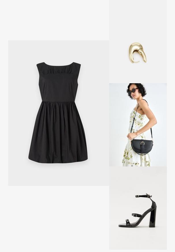 Juoda be rankovių suknelė su apvaliu iškirpimu, raukšlėtų detalių prie krūtinės ir plačiu sijonu. Pagaminta iš glotnaus audinio.; Juoda blizgi lakuota basutė su kvadratiniu pirštu, kulkšnies dirželiais ir sidabro sagtimis. Yra tvirta blokinė kulno konstrukcija, užtikrinanti stabilumą.; Juodas odinis krepšys su išlenkta forma, nuimamu dirželiu ir auksiniais detalėmis. Krepšys turi kilpą su sagtimi.; Aukso tono metalinės auskarai su stilingu, kreiviu dizainu. Išsiskiria ryškiu smailiu pavidalu, poliruota paviršiumi ir užsegimu su vyriu.