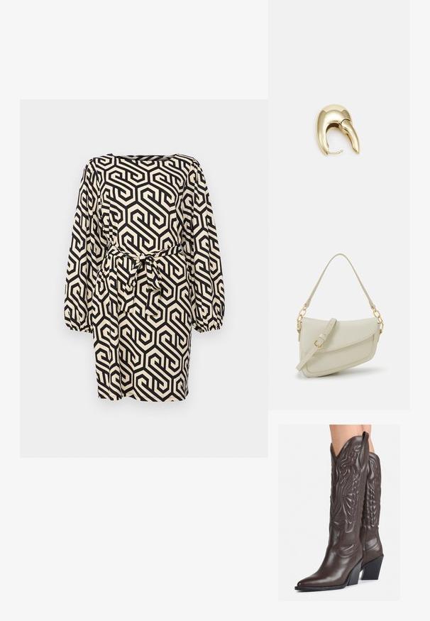 Mustmustruuduline must ja kreemikas kleit pika õhupaeltega, ruudukujulise kaelusega ning sidumisega vööga. Tekstuuriga kangas.; Pruunid nahast cowboy saapad terava varbaga ja plokk-kandaga, millel on detailne tikand ja kergelt tõstetud aktsendid varrel.; Väike kreemjas käekott tekstureeritud viimistlusega, pikendatav rihm, ketiläbimõõt ja klapiga sulgemine. Kuldsed metalldetailid.; Kuldtooni metallist kõrvarõngas, millel on elegantne ja kaarjas disain. Omab silmapaistvat teravat kuju, poleeritud pinda ja hingesulgemist.